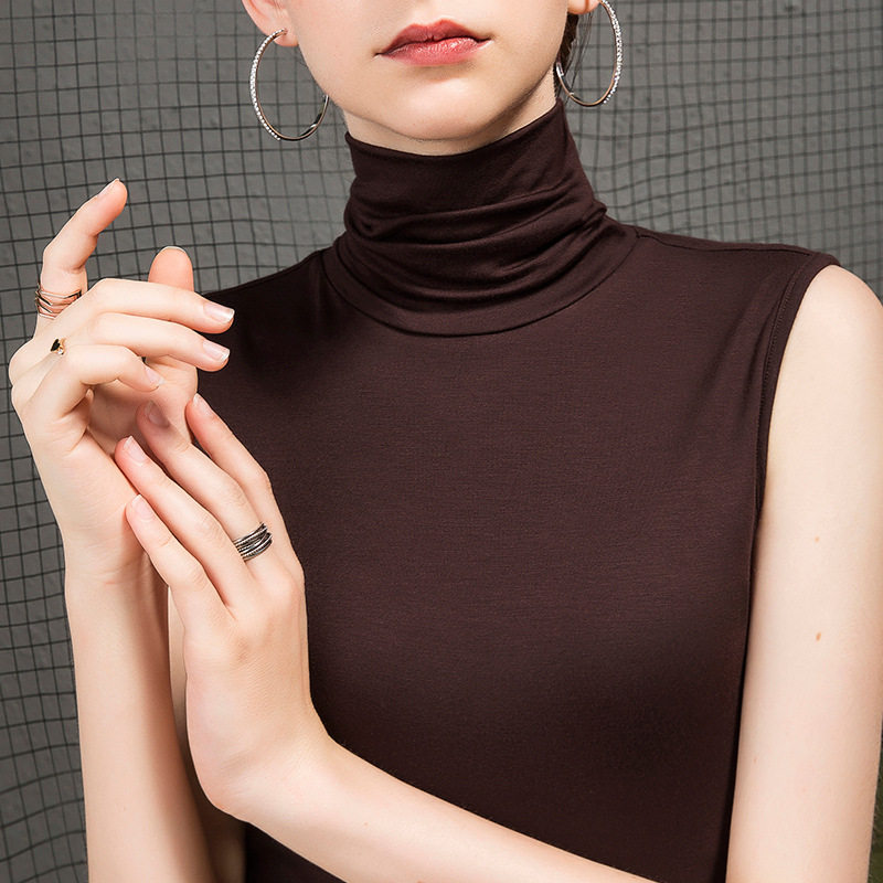 高领无袖T恤女薄款莫代尔大码胖MM春秋冬打底衫加绒短袖内搭背心