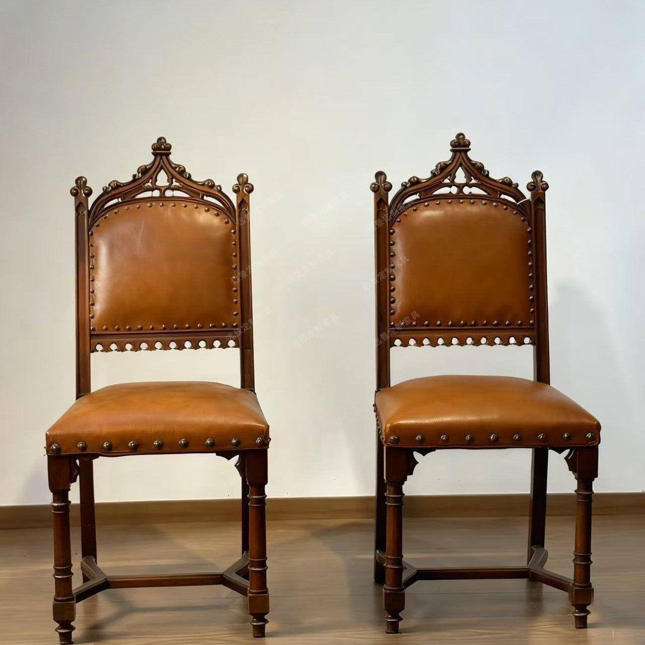 法式复古实木椅子仿古铜钉罗马柱式椅脚雕花餐椅书椅餐厅接待展示