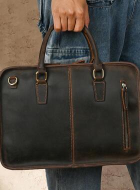 复古牛皮男士手提包横款公文包真皮电脑包手工邮差包疯马皮单肩包
