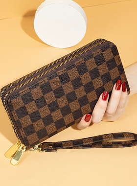 钱包女2025新款欧美复古潮流印花棋盘格大容量手拿包双拉链手机包