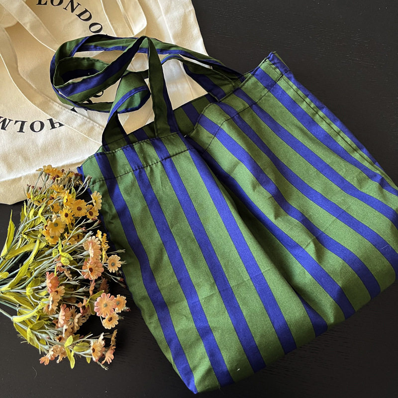 ins法式小众复古蓝绿宽条纹单肩包百搭慵懒纯棉大容量托特包女包