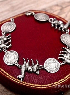 【10周年特惠】神兽羊驼Llama欧美古董老银币银手链 收藏孤品