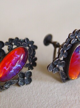 SOLD上层精灵的庭院∮US真正古董龙息石玫瑰古琉璃四叶草老银耳夹