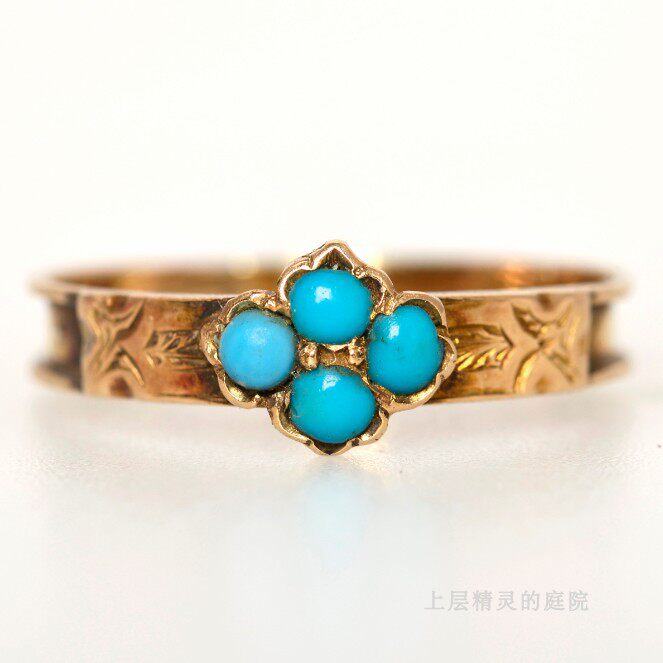 SOLDC.1869年Victorian天然绿松石菱形15K金古董指环老金戒指金标