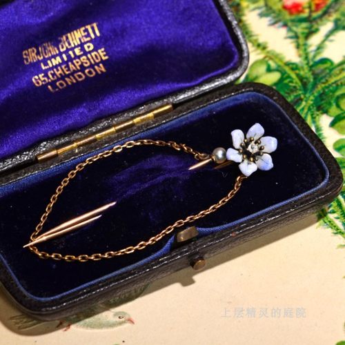 上层精灵的庭院∮西洋古董双棒别针14K金老矿切割钻石珐琅花胸针