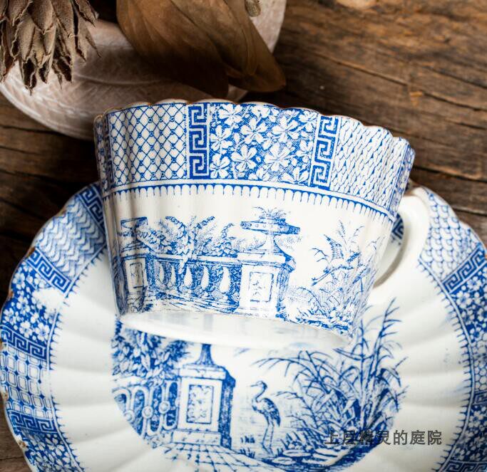 C.1920年代古董法式青花庭院咖啡茶杯和碟LD签名复古漂亮庭院茶杯