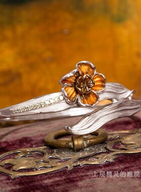 SOLD西洋回流 孤品复古董首饰925银立体叶片精美花朵欧洲卡扣手镯