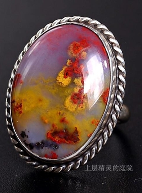 庭院自然风欧洲多色玛瑙老银戒指
