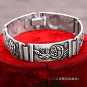SOLD 庭院欧美古董Vintage首饰 925纯银浮雕玫瑰花手排老银手镯