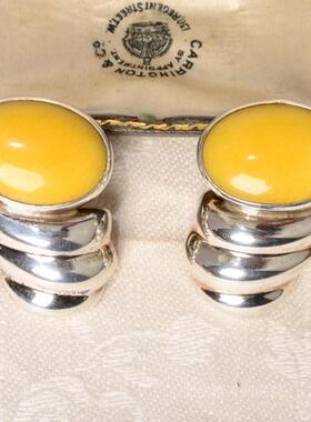 庭院西洋VTG首饰 法国80年代925银温暖黄色复古时装大耳夹25g孤品