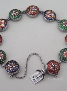 France古董手链 稀有维多利亚时代彩绘珐琅paster银手链法国银标