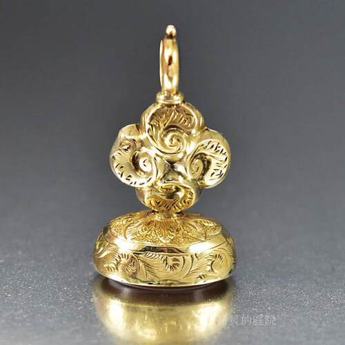 SOLD 西洋古董首饰收藏 维多利亚时代雕花金箔玉髓印章∮吊坠