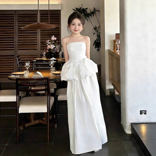 女童晚礼服模特走秀钢琴小提琴白色生日派对显白表演服洋气公主裙