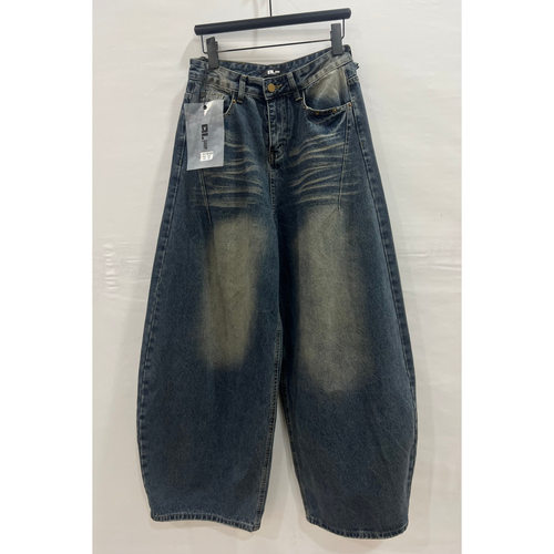 RLSHOP1320秋装美式怀旧香蕉牛仔裤女高腰猫须磨白宽松弯刀长裤潮