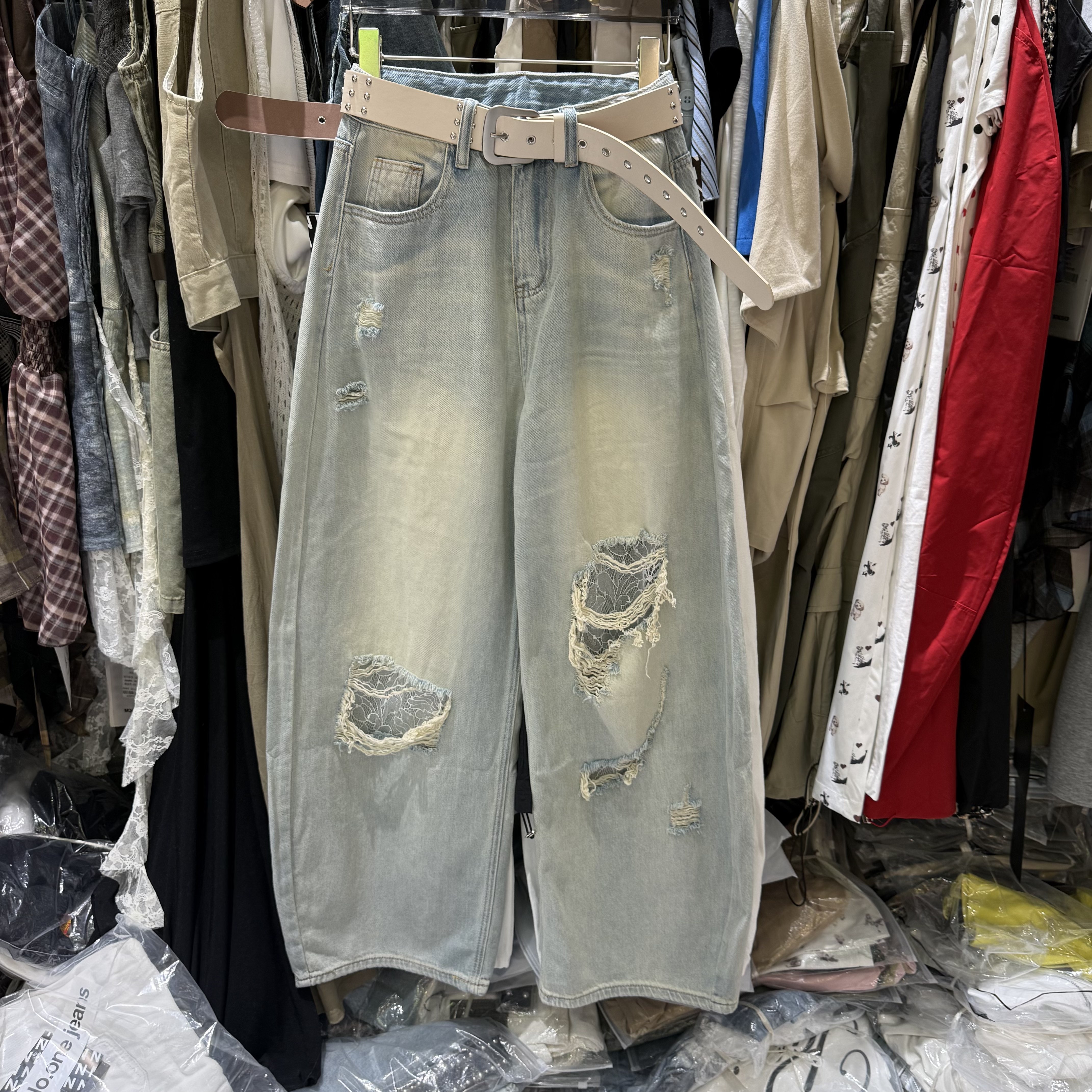 Noonejeans562夏装高腰蕾丝破洞牛仔裤女直筒宽松休闲阔腿弯刀裤