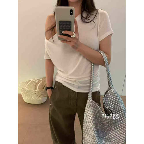 er.egg28171夏装莱赛尔天丝不规则大码斜领露肩短袖T恤女修身上衣
