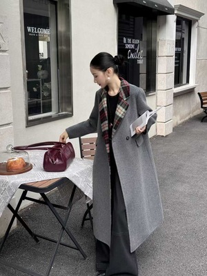 韩国2025冬装新款时尚复古红色格纹双面羊绒大衣女中长款毛呢外套