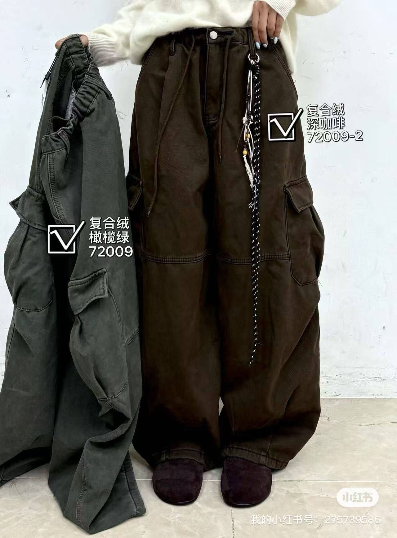 轩语XUANYU72009冬装美式复合绒工装裤宽松大码牛仔裤女拖地裤潮