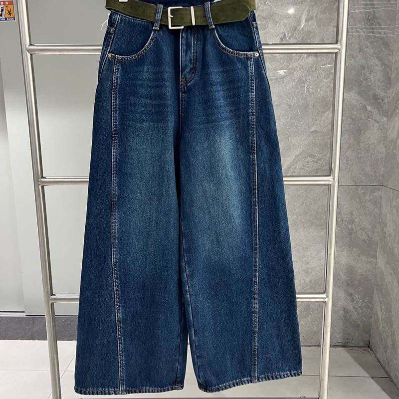 br98393韩版加绒高腰弯刀裤女2025冬装宽松阔腿牛仔裤百搭直筒裤