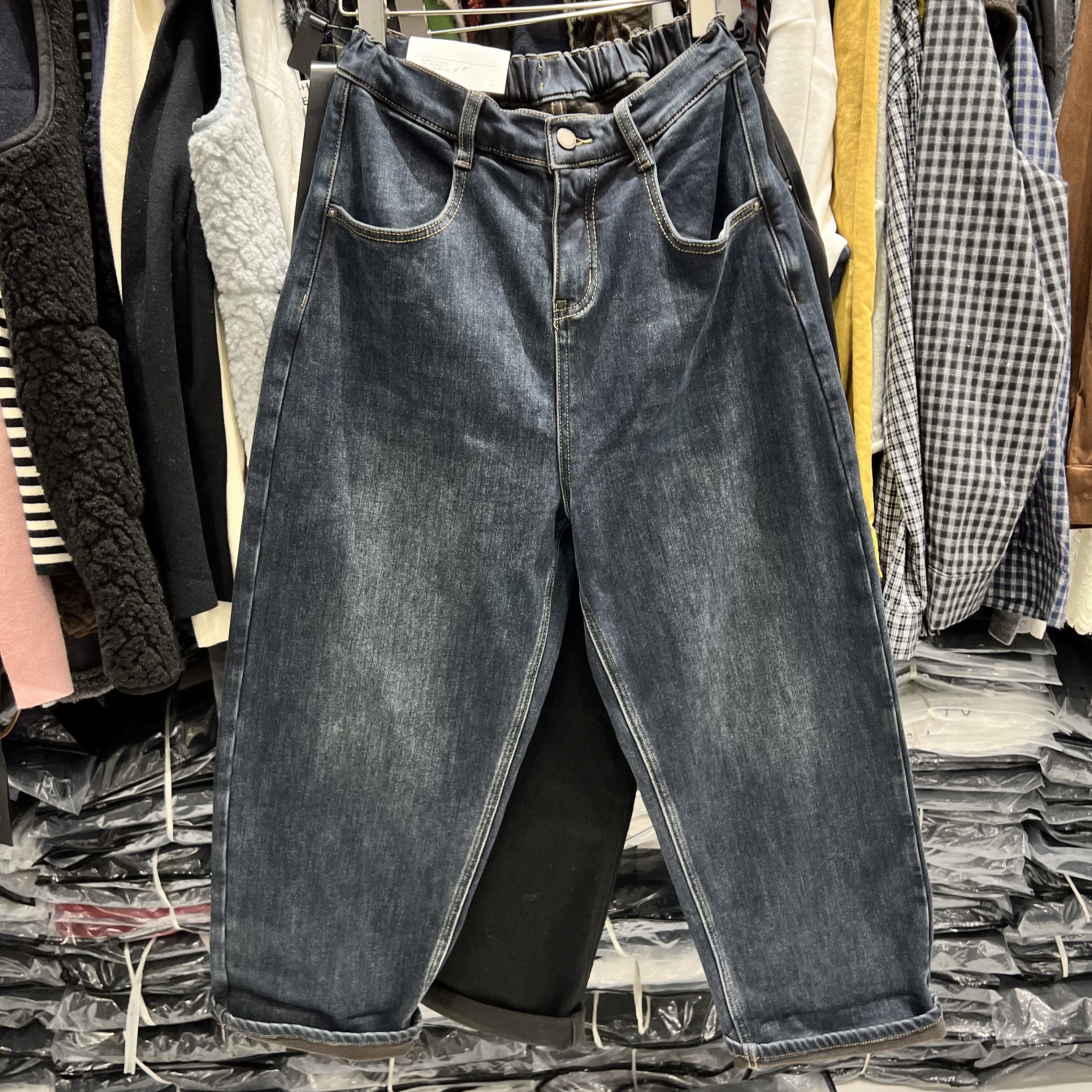 EH1619韩版半松紧腰牛仔裤女2025冬装宽松大码显瘦复古萝卜老爹裤