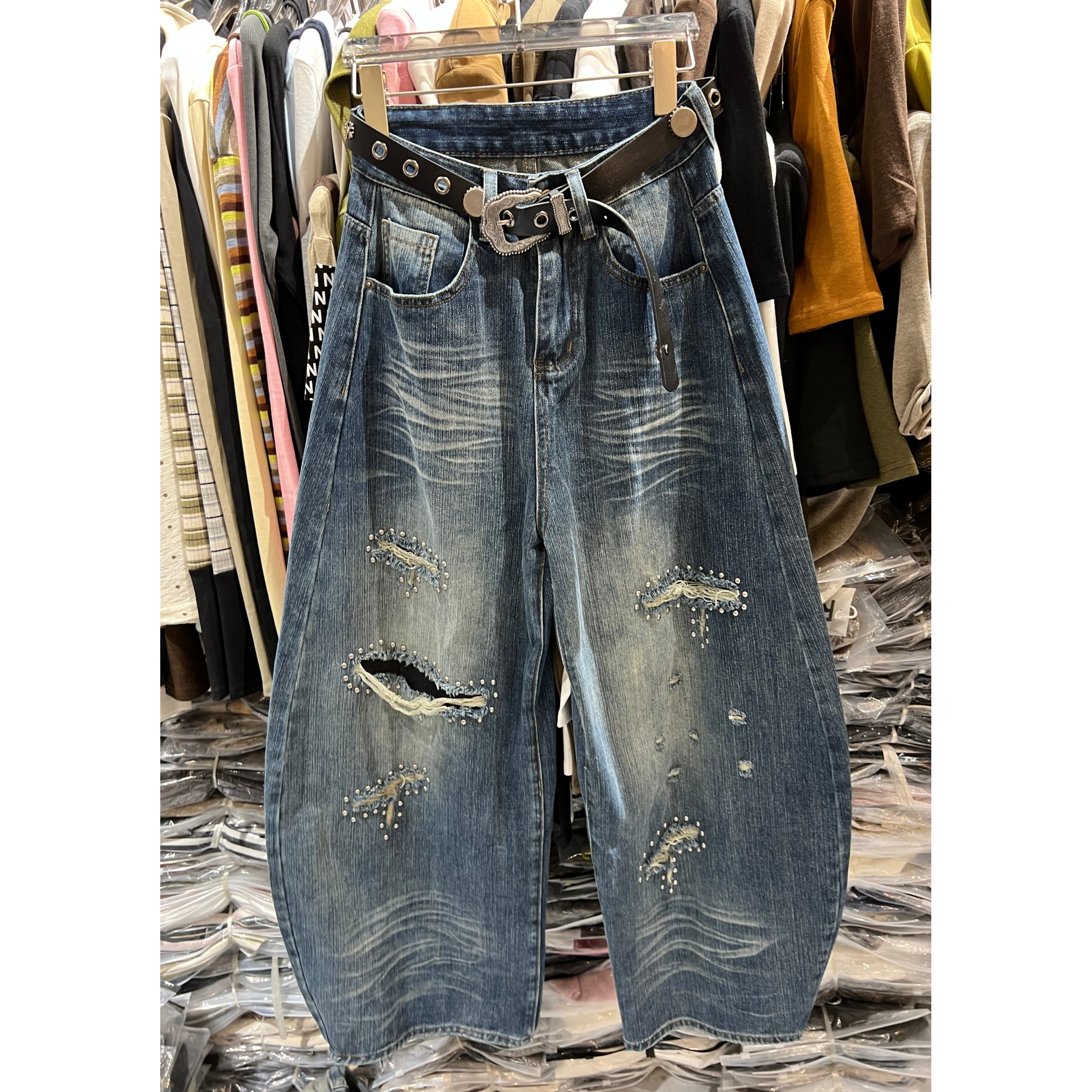 No.onejeans138秋装美式铆钉阔腿牛仔裤宽松破洞直筒弯刀裤长裤女