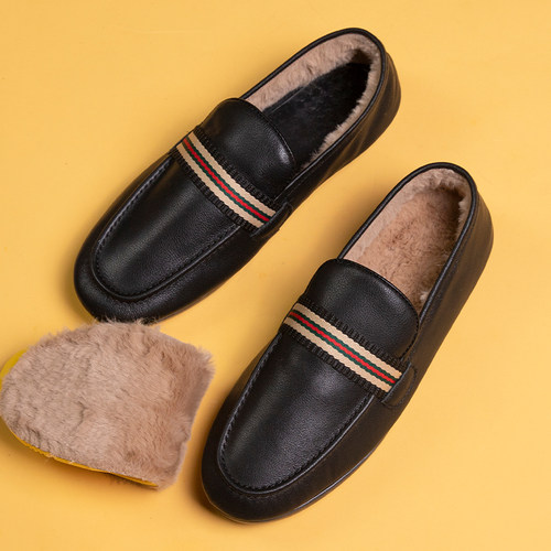 加绒保暖真皮套脚开车鞋