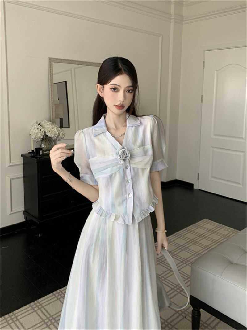 2024夏新款晕染条纹印花短袖T桖上衣套装女高腰显瘦长款a字裙子