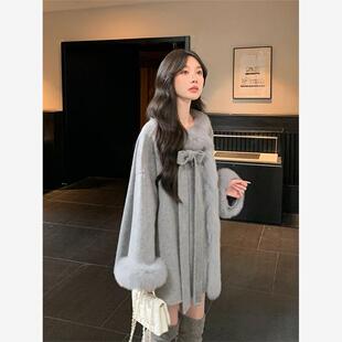 风语喃2025新款毛领氛围感设计感保暖大衣女蝴蝶结毛呢子外套秋冬