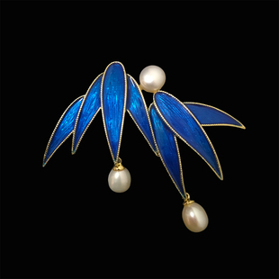 仿点翠雀羽蓝竹叶胸针小众旗袍气质别针宫廷汉服配饰品中国风礼物