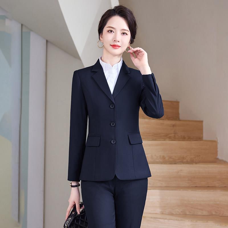 弹力藏青色三粒扣西装酒店经理春秋款工作服女神范西服外面试正装
