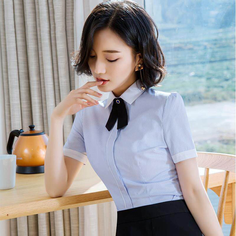 娃娃领职业装衬衫女夏季短袖2026新款韩版时尚条纹百搭工装工作服