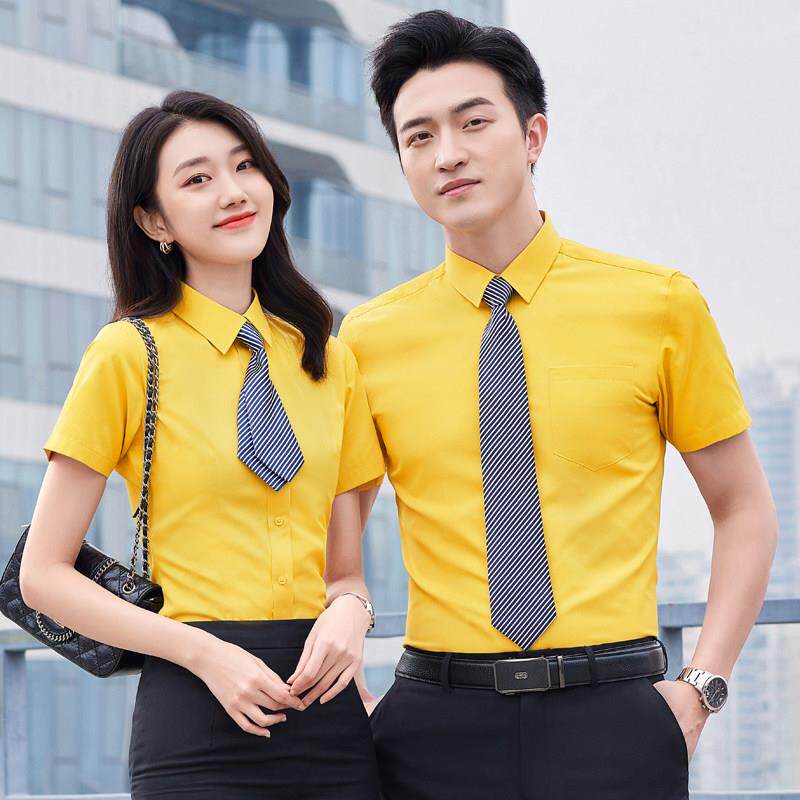 黄色衬衣职业装短袖男女同款夏季装修公司门店工作服衬衫刺绣LOGO