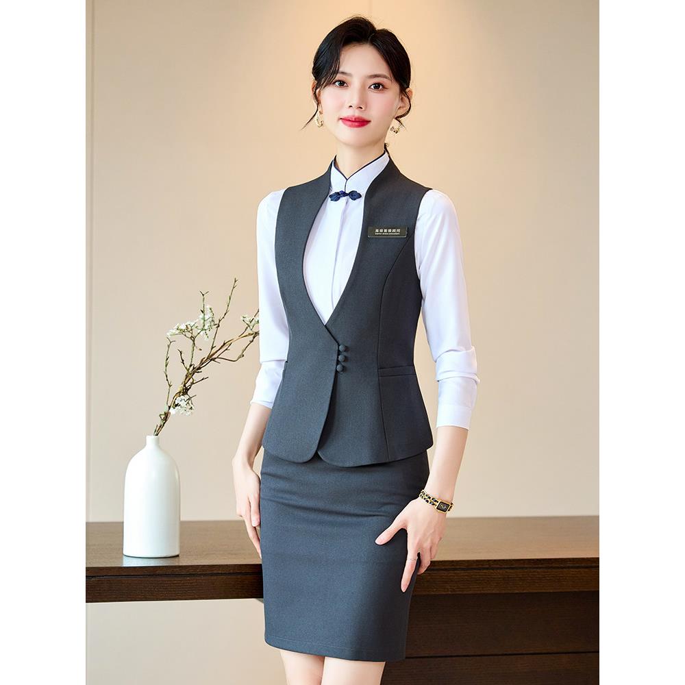 酒店餐饮服务员工作服中式珠宝前台领班接待高端职业西装马甲套装
