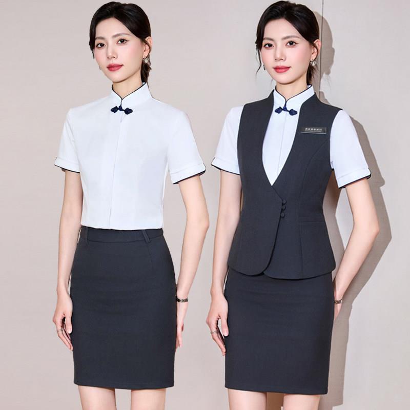酒店前台女夏季衬衫短袖背心裙餐饮茶楼中餐厅服务员中式高端工装