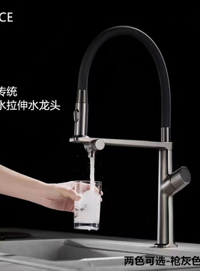 德国LANCE枪灰色三合一拉伸式厨房水龙头冷热水直饮纯净水洗菜盆