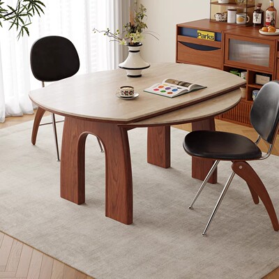 白蜡木全实木洞石岩板餐桌可变折叠小户型中古风家用伸缩折叠圆桌