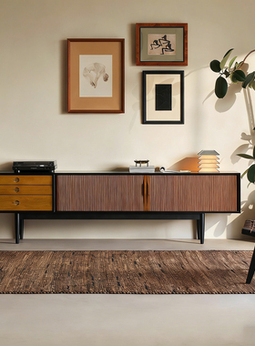 法式中古风时慢电视柜黑色实木小户型客厅家用复古白蜡木电视机柜