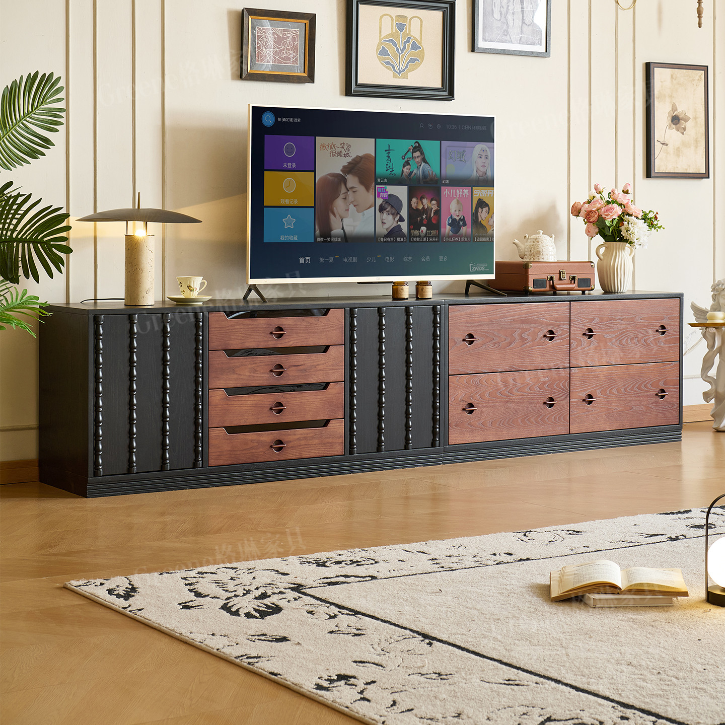 复古风全实木模块组合电视柜客厅小户型法式中古风收纳柜落地柜子