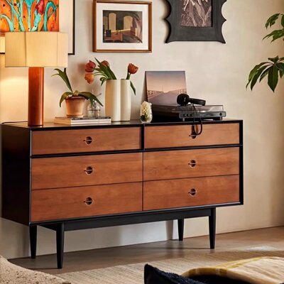 白蜡木实木六斗柜中古实木高脚客厅玄关法式复古风餐边柜小户型