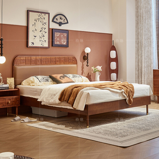 法式复古全实木床主卧1米8双人床美式中古风黄杨木马德里软包床