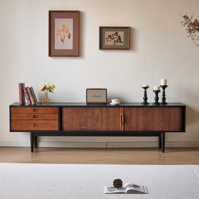 法式中古风时慢电视柜黑色实木小户型客厅家用复古白蜡木电视机柜