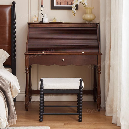 中古风白蜡木实木卷帘梳妆台卧室小户型法式复古带抽屉翻盖化妆桌