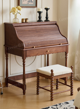 中古风白蜡木全实木梳妆台卧室小户型法式复古风琴化妆台带镜带凳