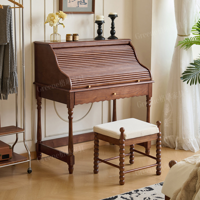 中古风白蜡木全实木梳妆台卧室小户型法式复古风琴化妆台带镜带凳