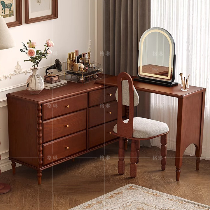 中古风实木梳妆台斗柜一体主卧小户型床尾化妆台可伸缩转角化妆桌