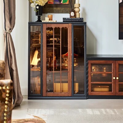 法式中古风家用展示柜手办陈列柜玻璃柜法式复古实木电视边柜痛柜