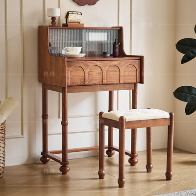 中古风白蜡木实木梳妆台主卧室小户型化妆桌带抽屉复古钢琴化妆台