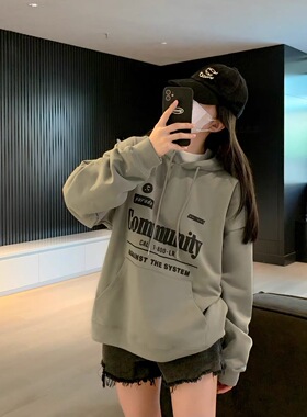 8303 韩国小众RR男女同款字母印花休闲宽松连帽卫衣卫裤套装