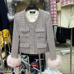 小香风粗花呢短外套女毛毛袖钻胸针千金风轻奢上衣格纹粉红色外套