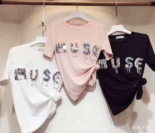 2026夏装新款重工钉珠亮片字母MUSE短袖T恤女宽松亮丝打底衫上衣